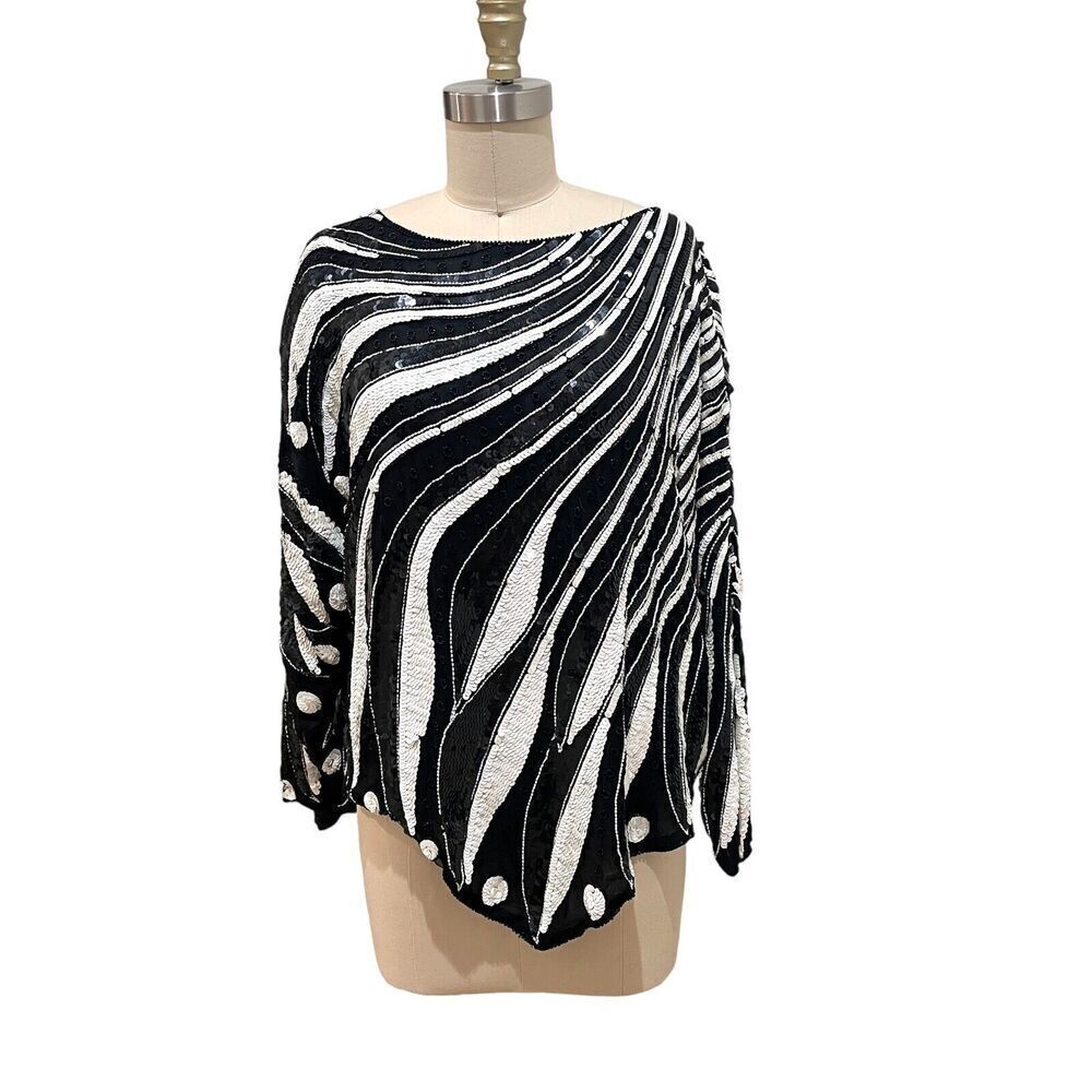 VTG Creative Creations Sequin Beads Sequins Top black White Silk sz Medium